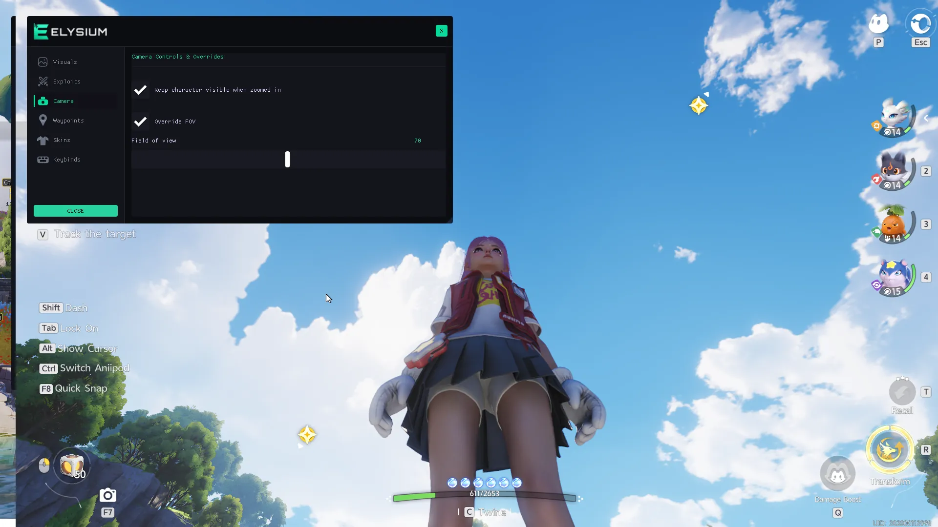 Elysium menu Camera tab: peek mode, FOV changer, free camera and hide game UI toggles for Aniimo