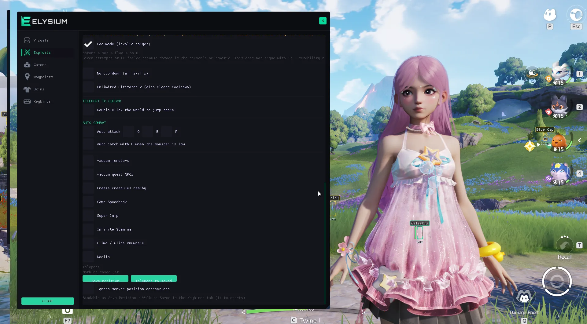 Elysium menu Exploits tab: god mode, undetectable, unlimited ultimates and no cooldown toggles above the item, monster and quest NPC vacuum options