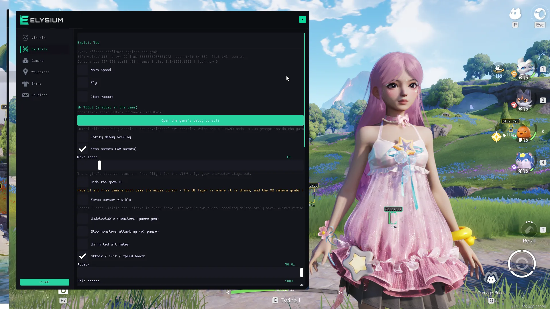 Elysium Aniimo cheats menu Exploits tab: god mode, undetectable, fly, noclip, teleport to cursor and the vacuum options