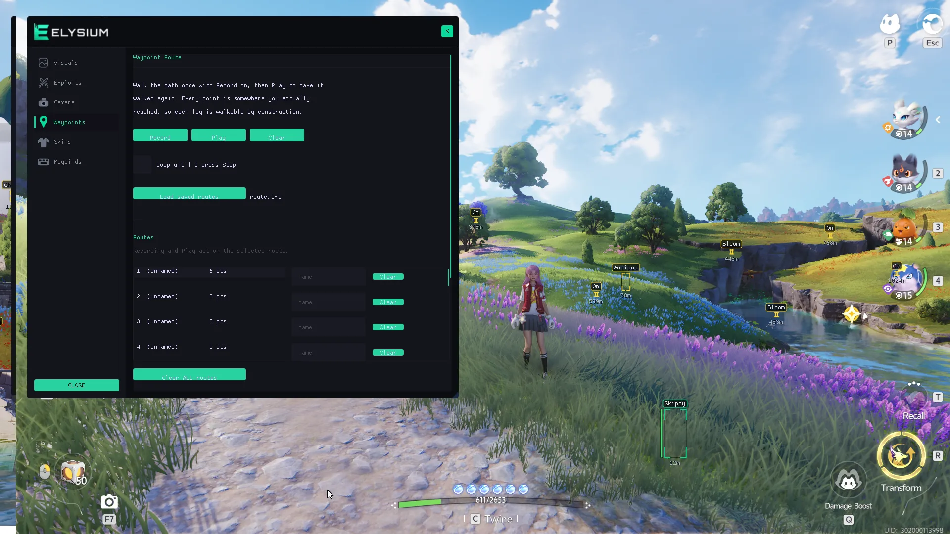 Elysium menu Waypoints tab: record path, load path and repeat route controls for automated Aniimo farming runs